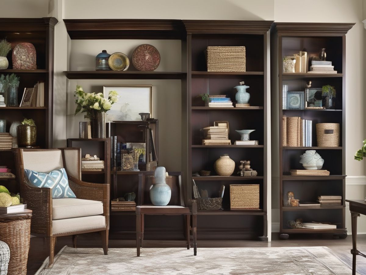 styled bookcase with tall and large items