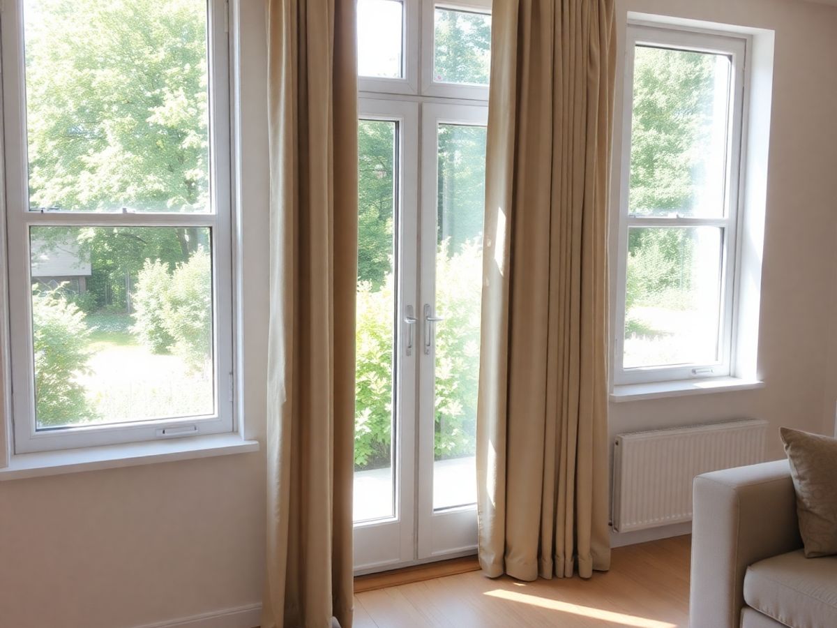 Living modern cu ferestre termopan albe, lumină naturală și grădină.