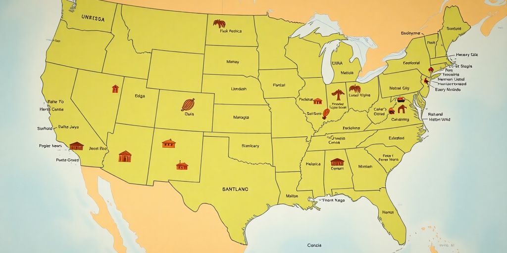 US cities map with historical landmarks.