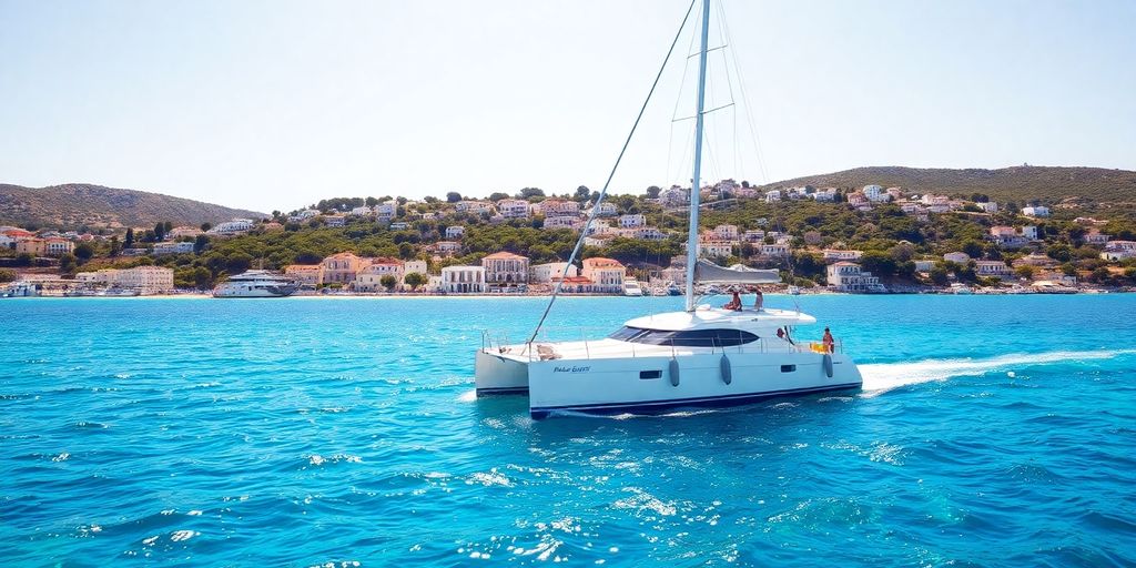 Blue Aegean waters, white boats, sunny island vistas.