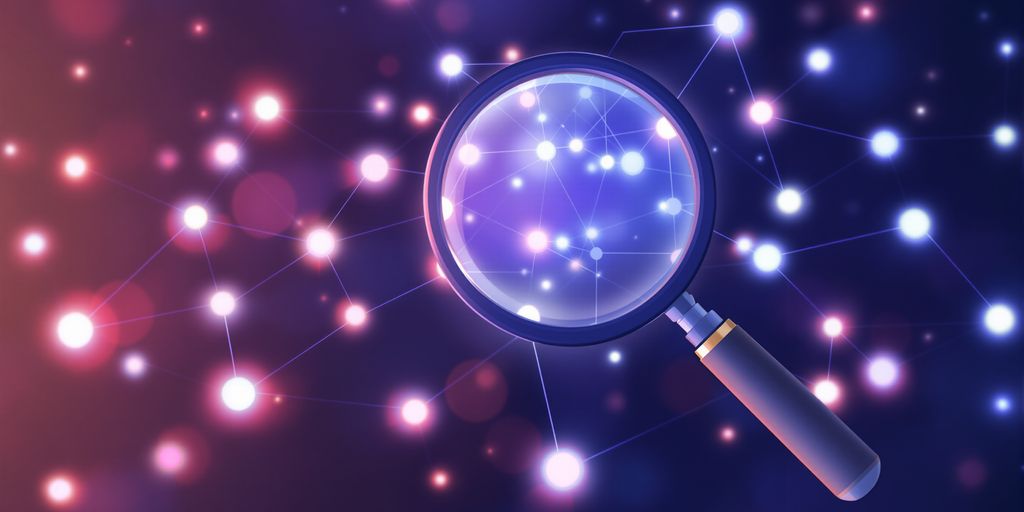 Digital network connections with a magnifying glass.