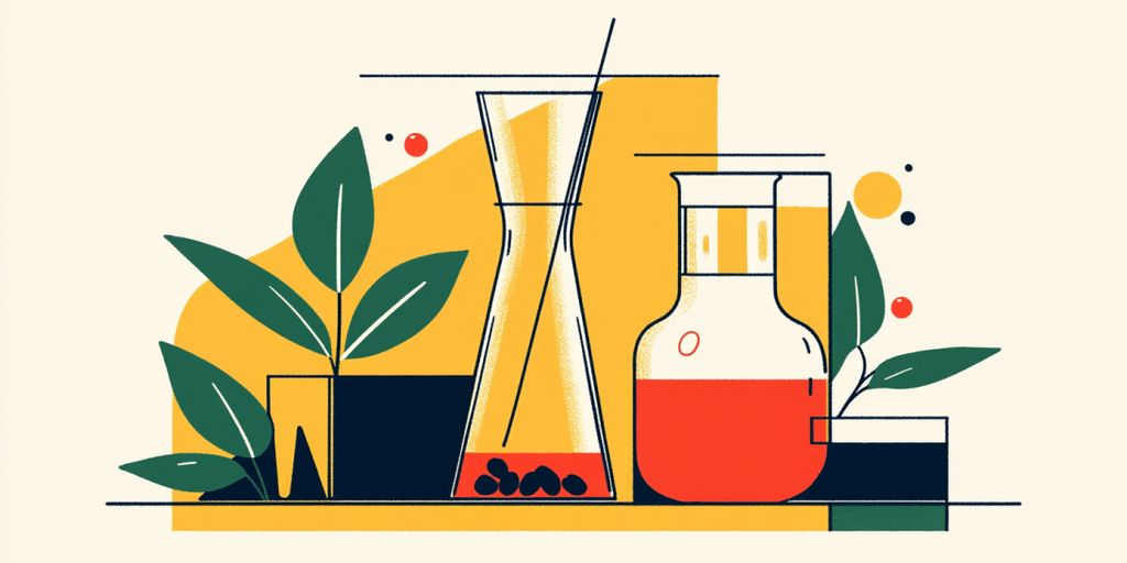 Colorful illustration featuring plants and laboratory glassware.