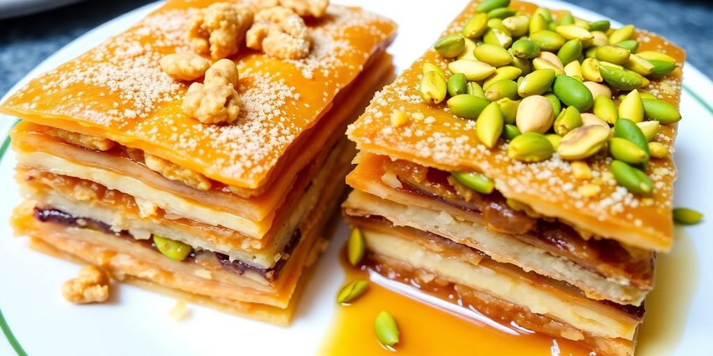 Greek and Turkish baklava on a decorative plate.