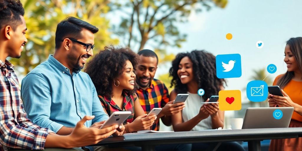 Grupo diverso de influenciadores digitais colaborando ao ar livre.