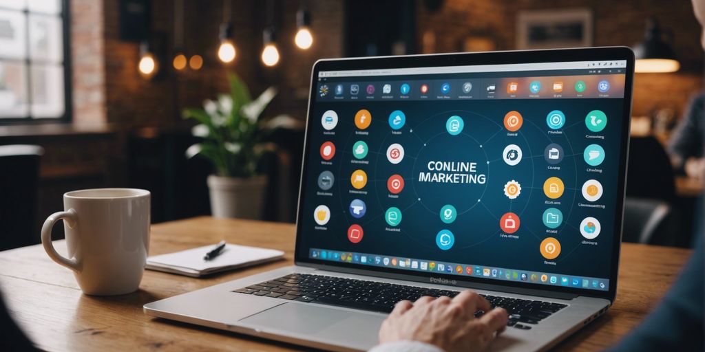 Small business owner reviewing digital marketing strategies on a laptop, surrounded by icons of online marketing tools.