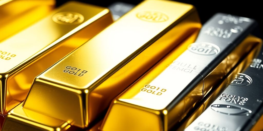 Lingots d'or et d'argent brillants, gros plan.