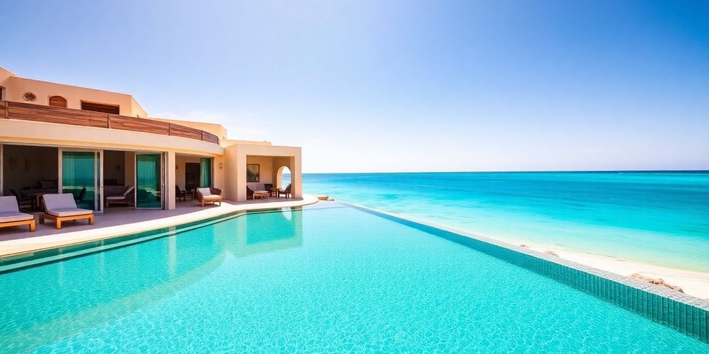 Luxurious beachfront villa with private pool overlooking the ocean.