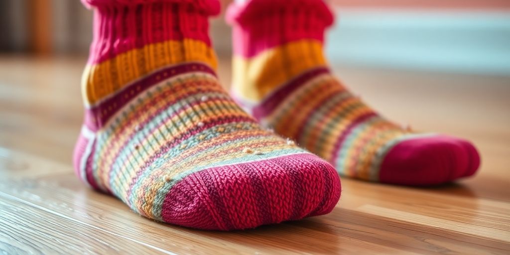 Colorful anti-slip socks on a wooden floor.