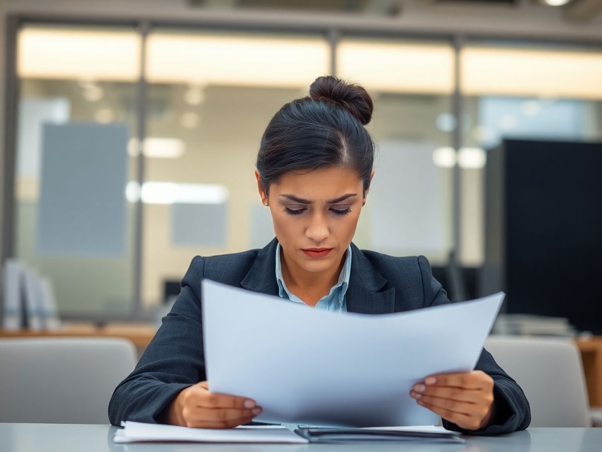 Angajat îngrijorat în birou, examinând documente.