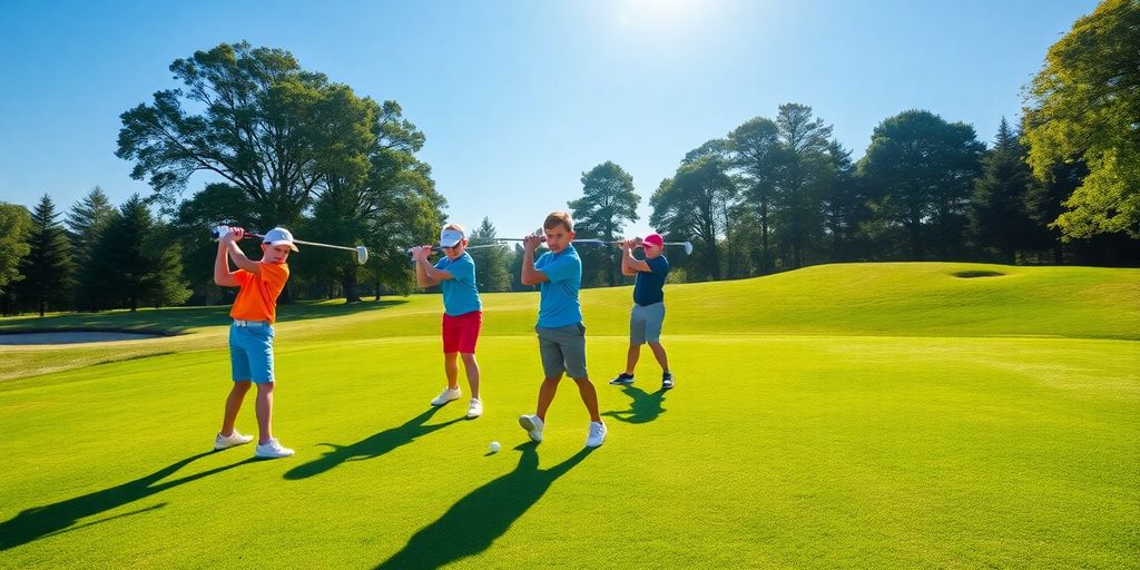 Young golfers practicing swings on a sunny golf course.
