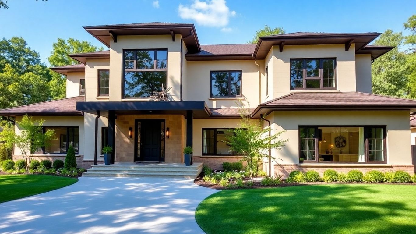 Elegant custom home exterior with large windows and lush landscaping.