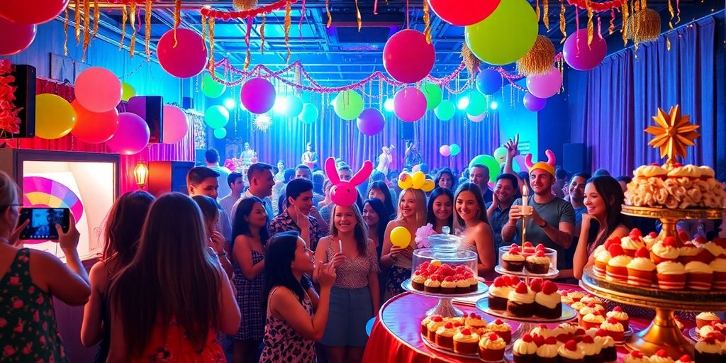 Vibrant party scene with guests enjoying unique activities.
