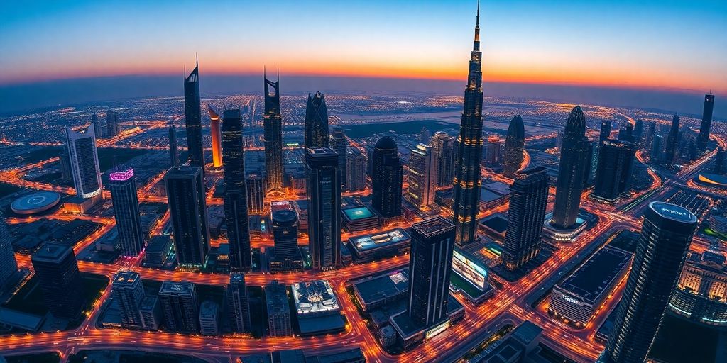 UAE skyline with modern buildings and vibrant city lights.