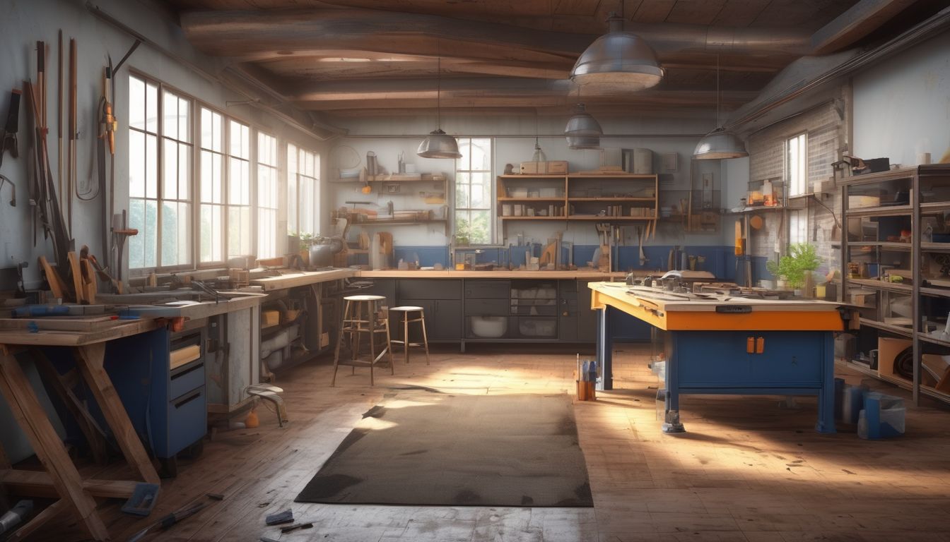 workshop with tools and blueprints