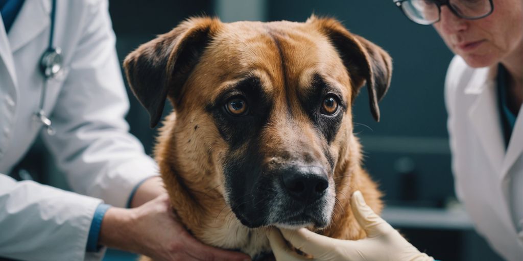 Dog with eye irritation examined by veterinarian.