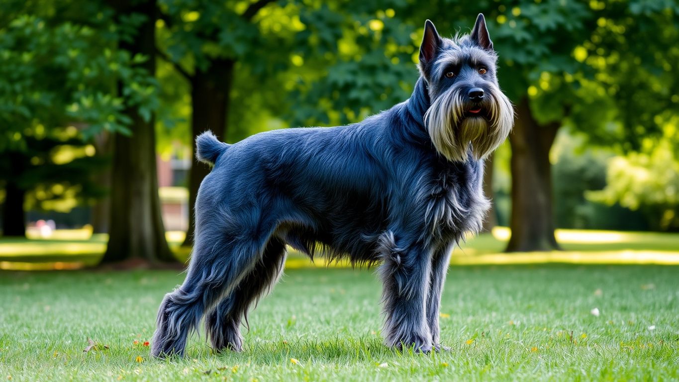 Riesenschnauzer in a green park, showcasing its strength.
