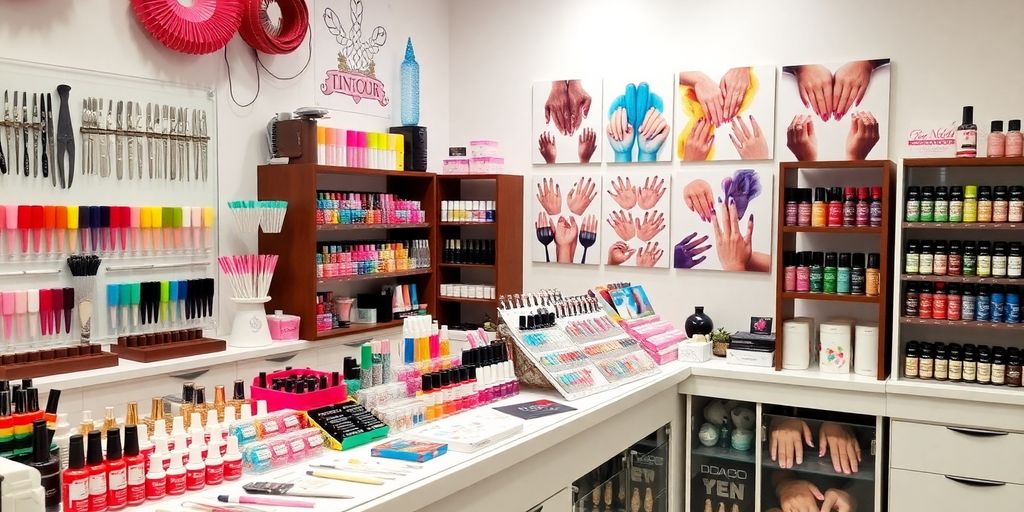 Várias artes de unha em um spa de unhas.