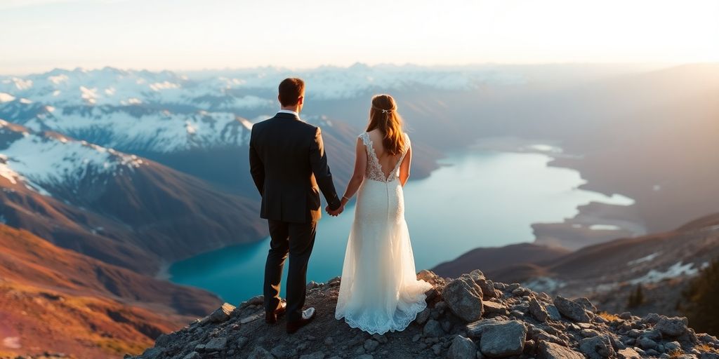 A couple in wedding attire eloping on an Alaskan mountain.
