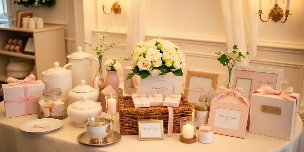 Elegant wedding gifts on a beautifully arranged table.