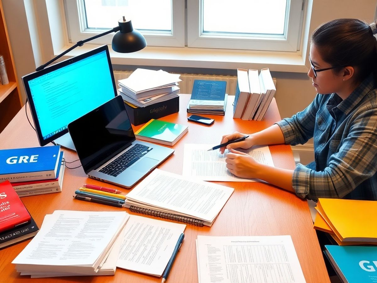 Student studying for the GRE with books and notes.