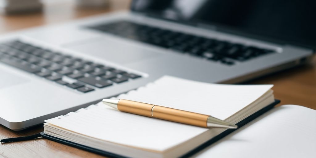 Close-up of a pen on a notebook and laptop.