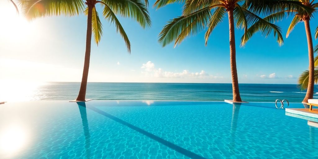 Luxury hotel pool with ocean backdrop, palm trees