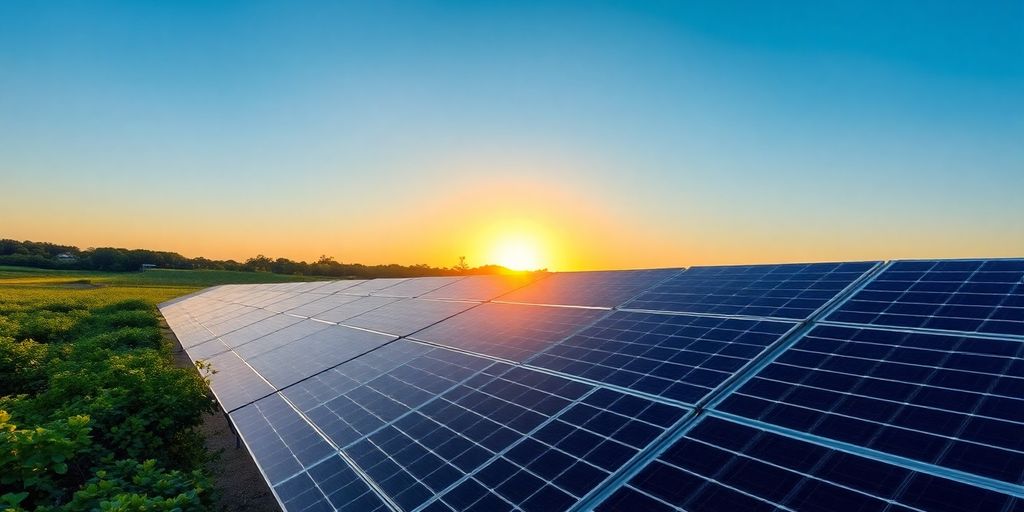 Solar panels angled for maximum sunlight in a green landscape.