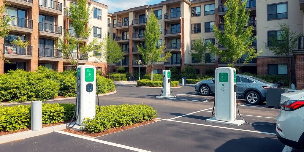 Apartment complex with EV charging stations in parking area.