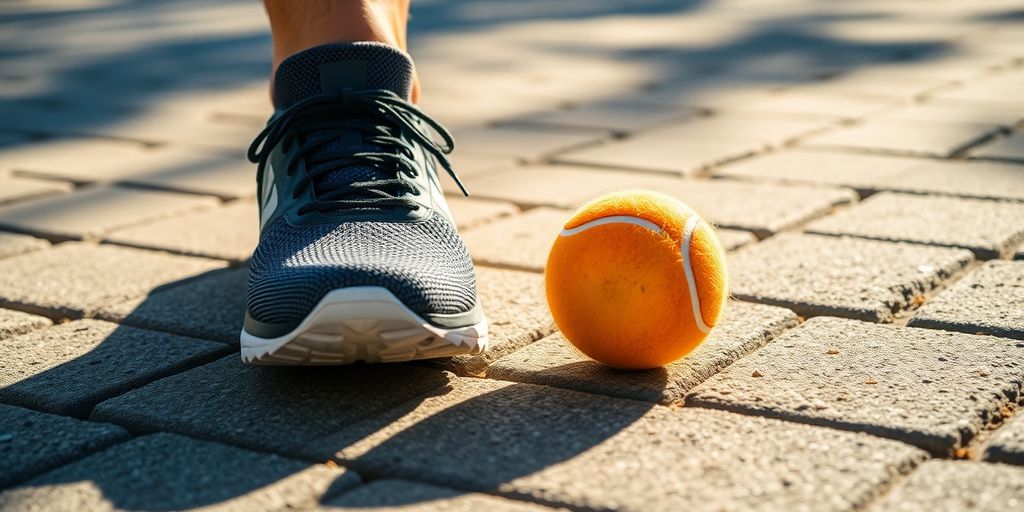 Foot hitting ground, with tennis ball bouncing.