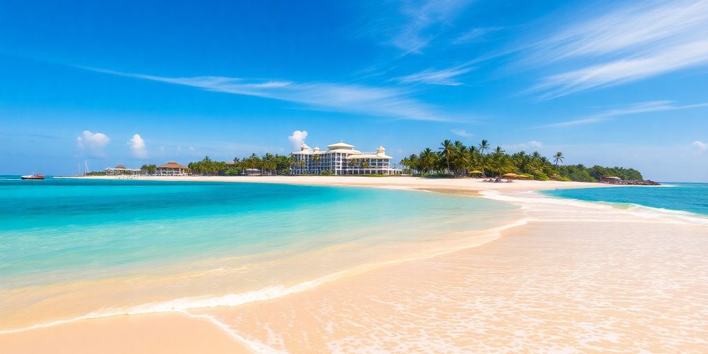 Turquoise ocean, golden sand, luxury resort, sunny sky.