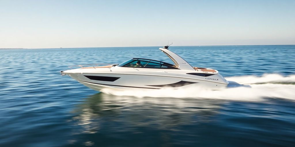 A sleek Cobalt boat gliding across calm water.