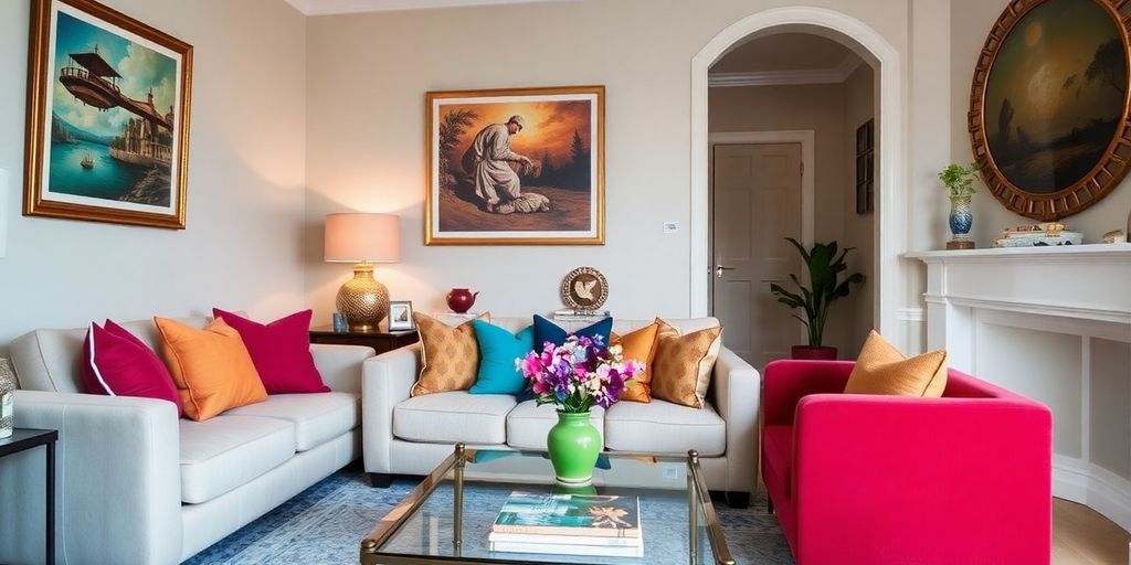 Stylish living room with colorful cushions and elegant decor.