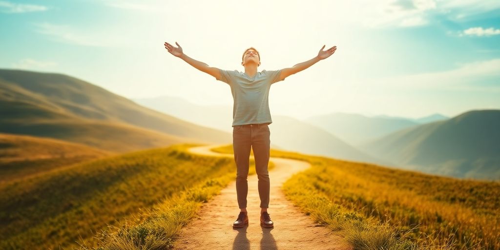 Person walking on path with open hands.