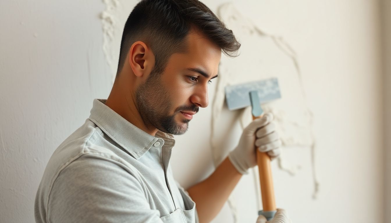 Professional plasterer working on a wall in London.