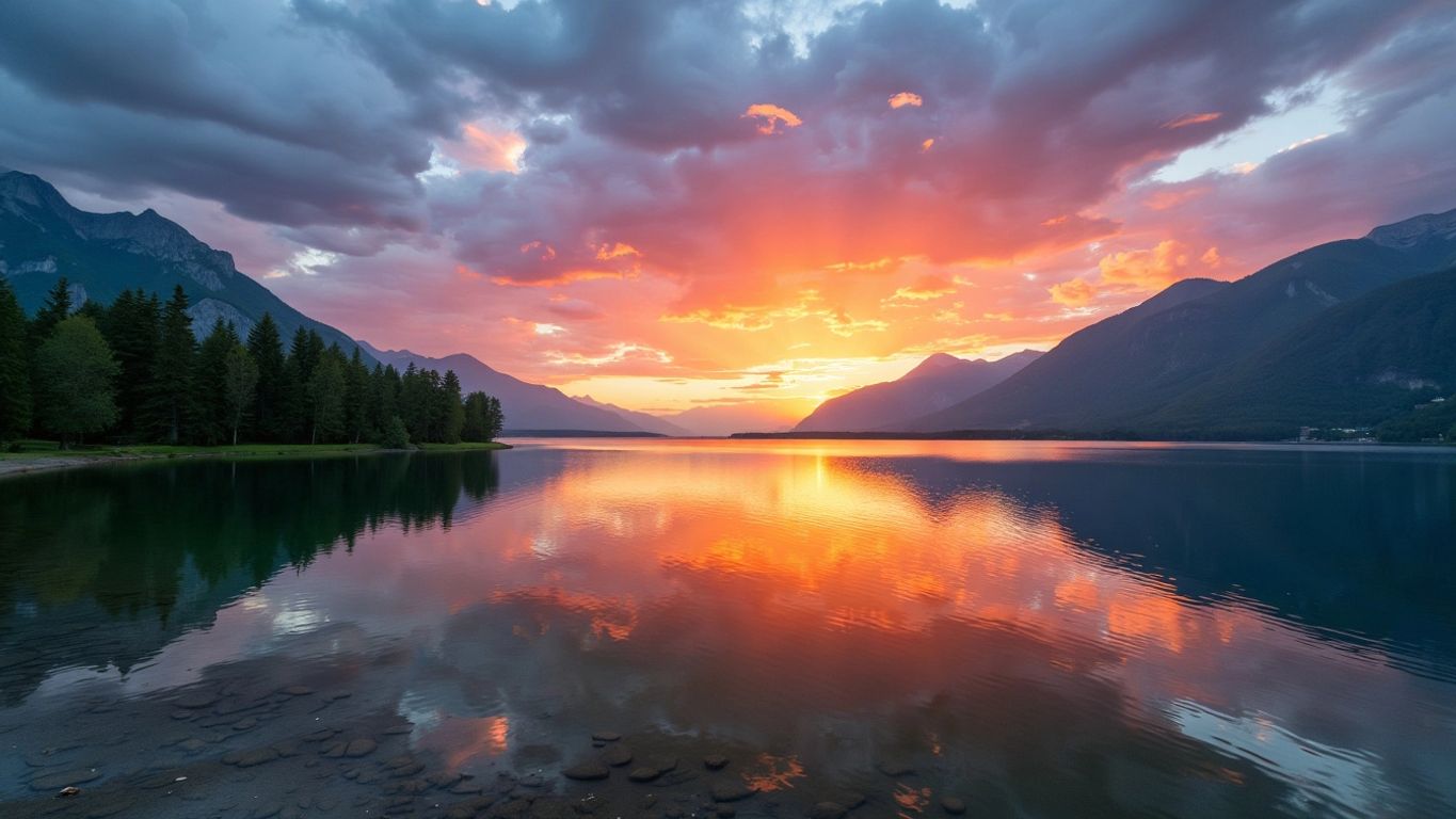 Peaceful lake at sunset with trees and mountains