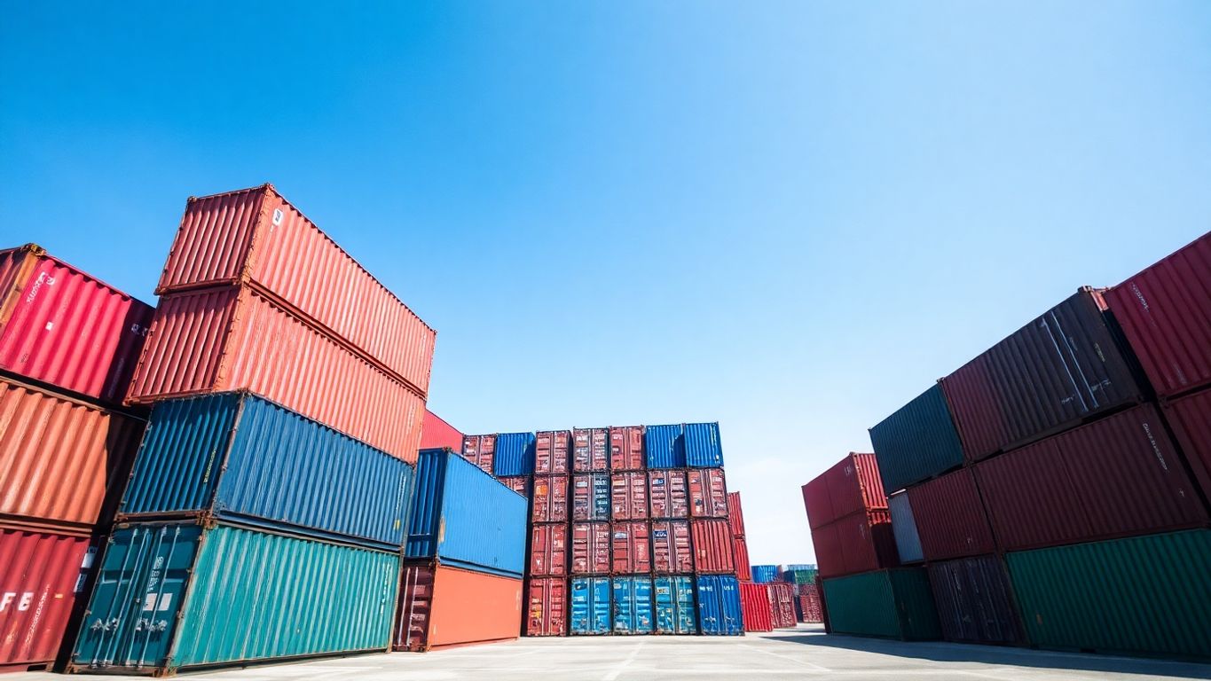 Stack of colorful used shipping containers at a depot.
