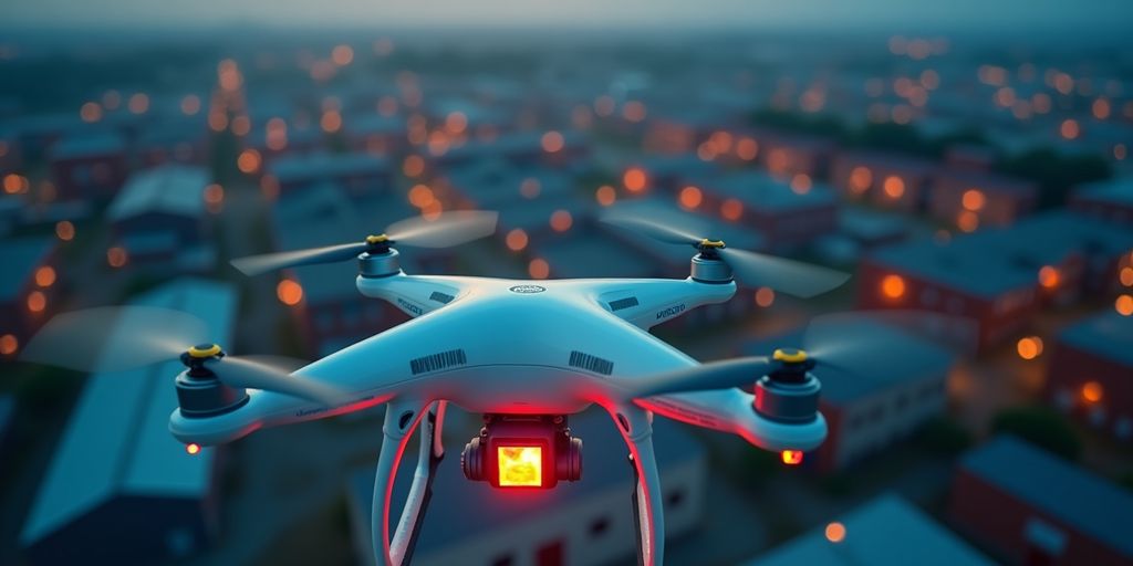 Drone en vol avec caméra thermique dans une usine.