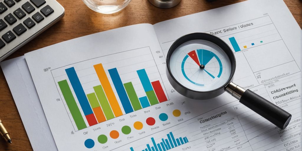 Magnifying glass over product chart with arrows and lightbulb