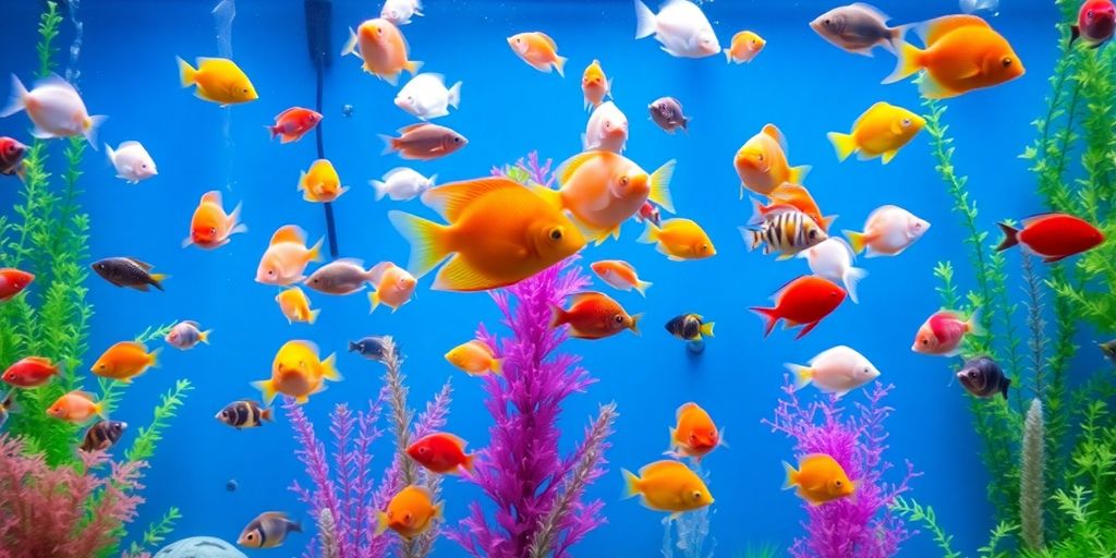 Makukulay na aquarium na may buhay na isda at mga aquatic plants.