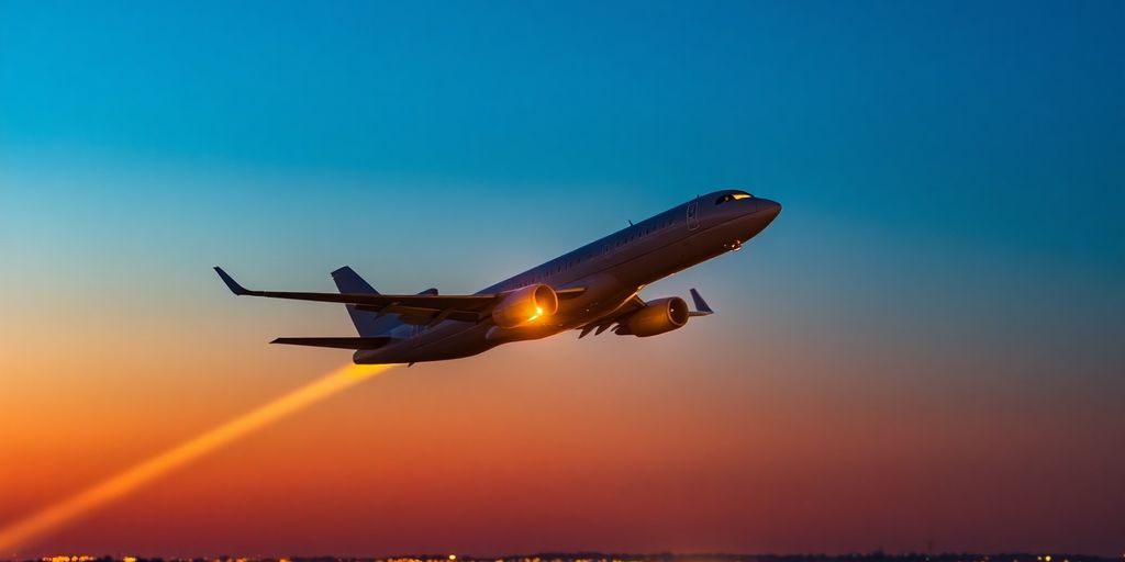 Avião decolando rapidamente, rastro de luz