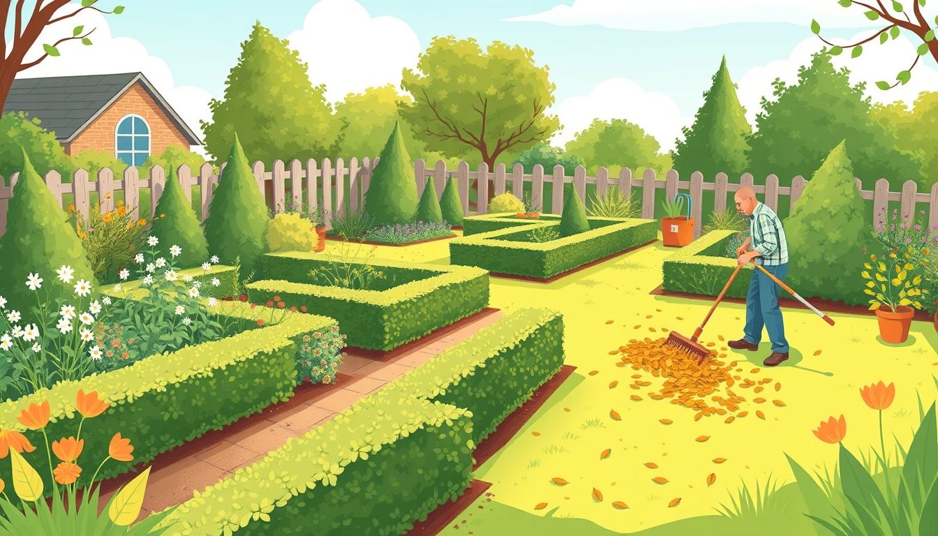 Gardener raking leaves in a tidy garden