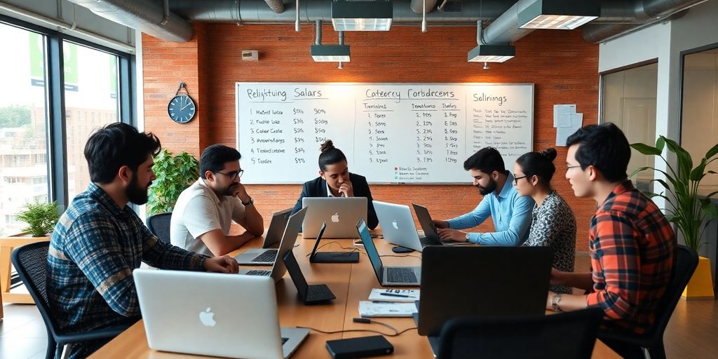Diverse developers collaborating in a modern tech office.