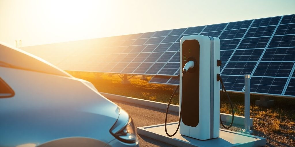 Borne de recharge solaire pour voiture électrique sous un panneau photovoltaïque.