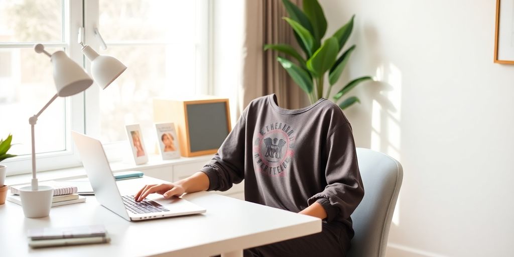 Stylish person relaxing in comfortable home office attire.