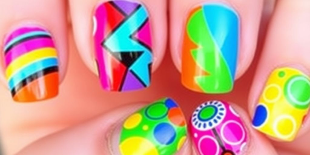 Unhas decoradas com estampas geométricas coloridas e modernas.