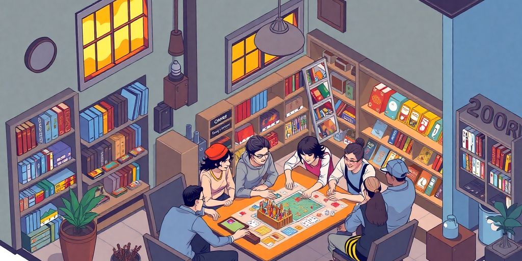 Illustration of a cozy local game store with people playing.