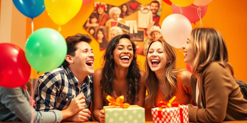 Friends celebrating with balloons and gifts in a joyful scene.