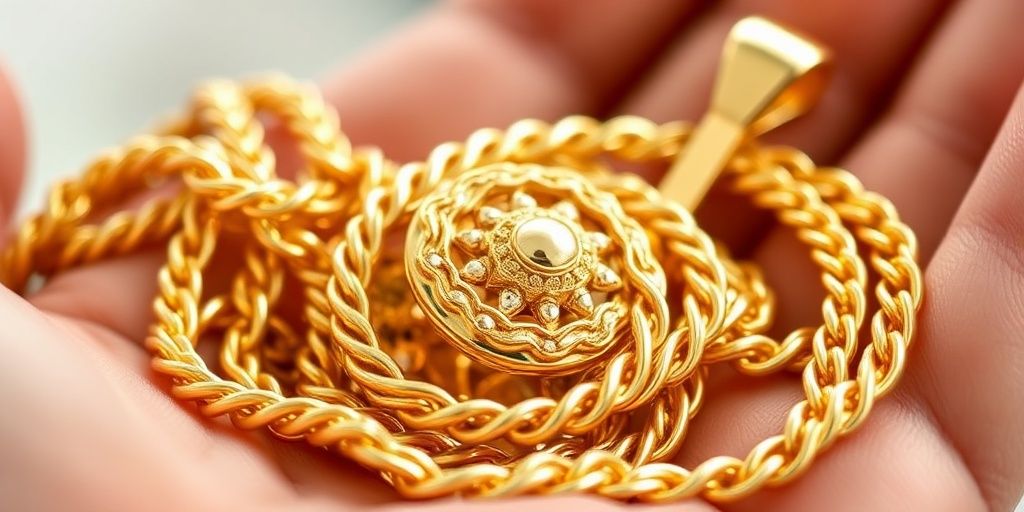 Une main tenant des bijoux en or brillants et authentiques.