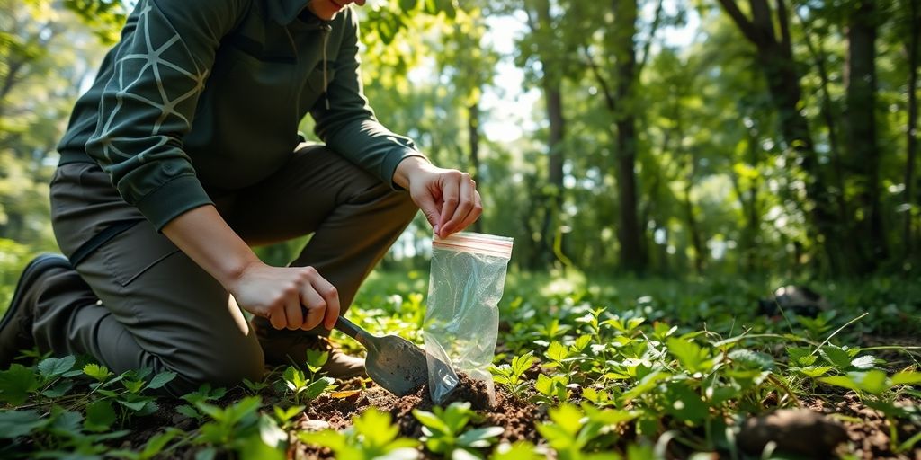 Scientist in nature collecting environmental samples.