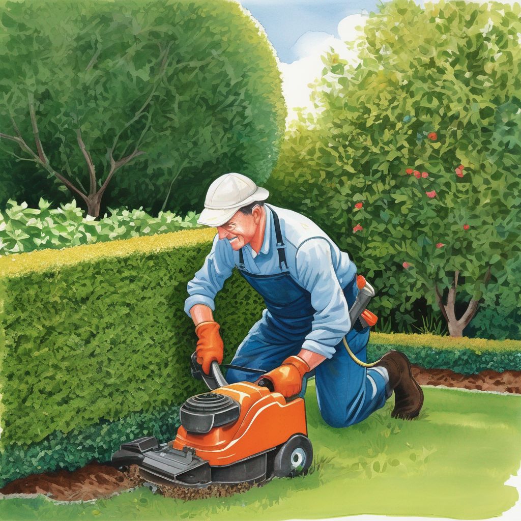 gardener trimming hedges in a garden